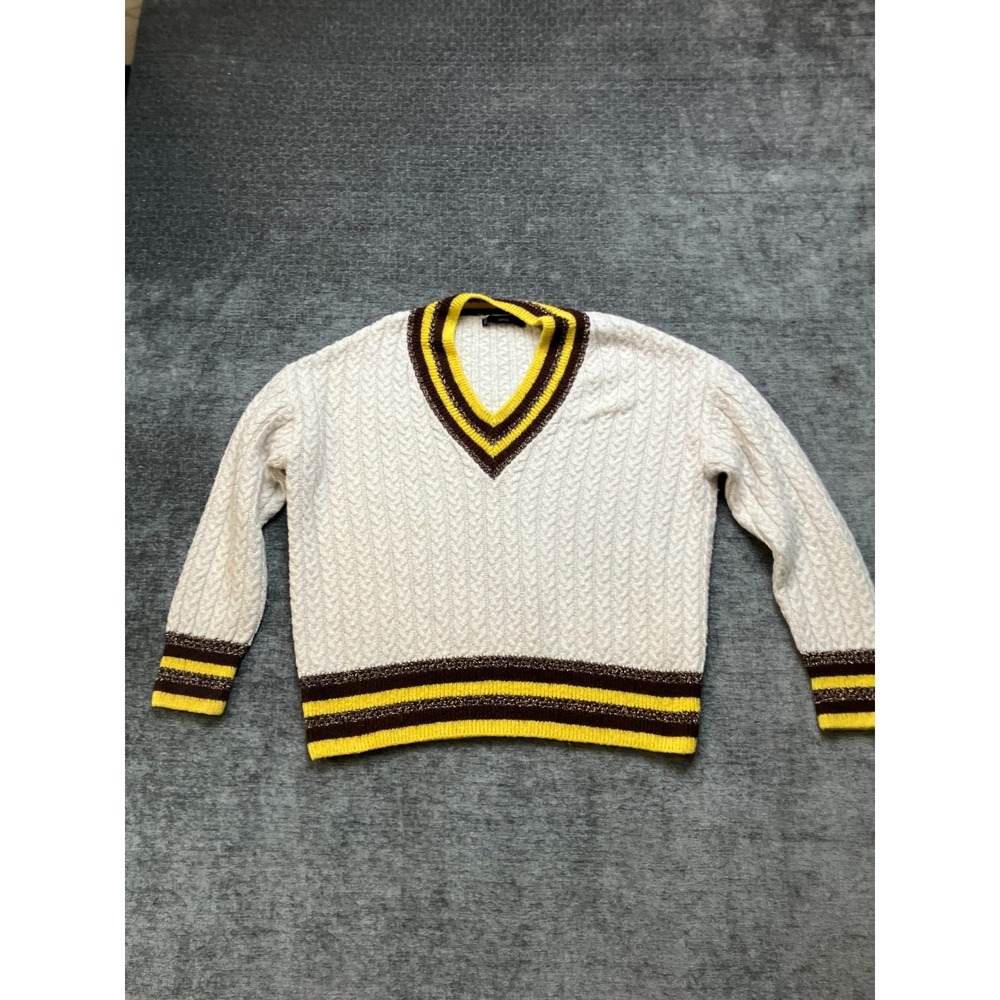 Mango Oversized Sweater Womens Medium Off White Striped Cable Knitted‎ V-Neck